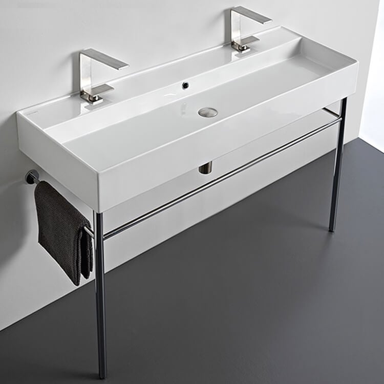 Scarabeo 8031/R-120B-CON-Two Hole Large Double Ceramic Console Sink and Polished Chrome Stand